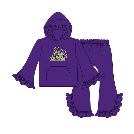 Preorder(moq 5)Baby Girls Purple JMU Pocket Hoodie Bell Bottom Pants Team Clothes Sets 12.17