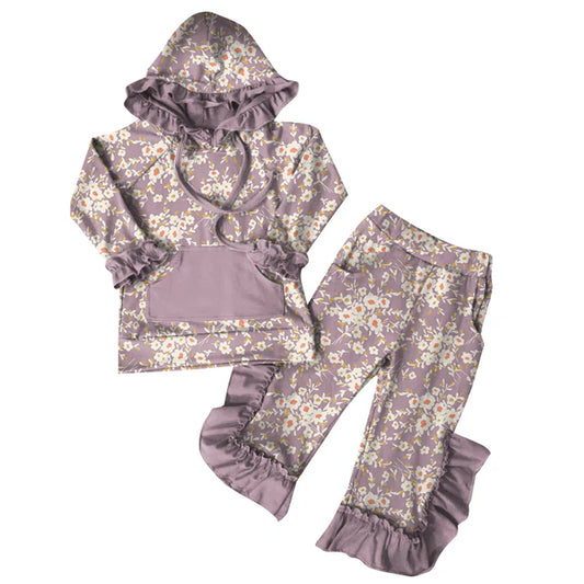 Preorder (moq 5)Baby Girls Purple Flowers Hoodies Top Ruffle Pant Sets 6.7