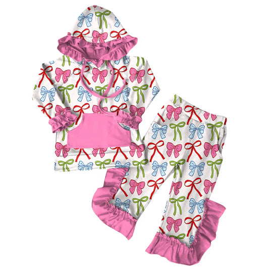 Preorder (moq 5)Baby Girls Pink Colorful Bows Hoodies Top Ruffle Pant Sets 6.7