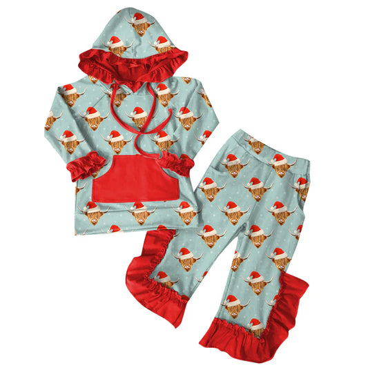 Preorder (moq 5)Baby Girls Christmas Highland Cow Hoodies Top Ruffle Pant Sets 6.7