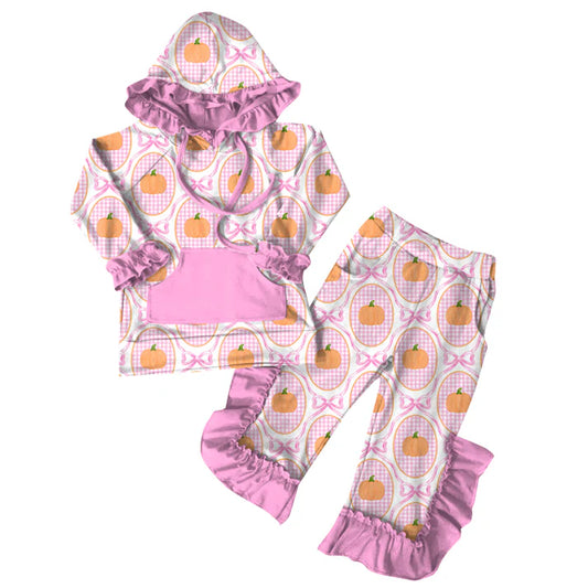 Preorder (moq 5)Baby Girls Halloween Pink Pumpkins Hoodies Top Ruffle Pant Sets 6.7