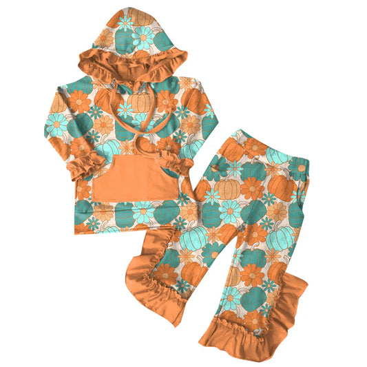 Preorder (moq 5)Baby Girls Fall Flowers Pumpkins Hoodies Top Ruffle Pant Sets 6.7
