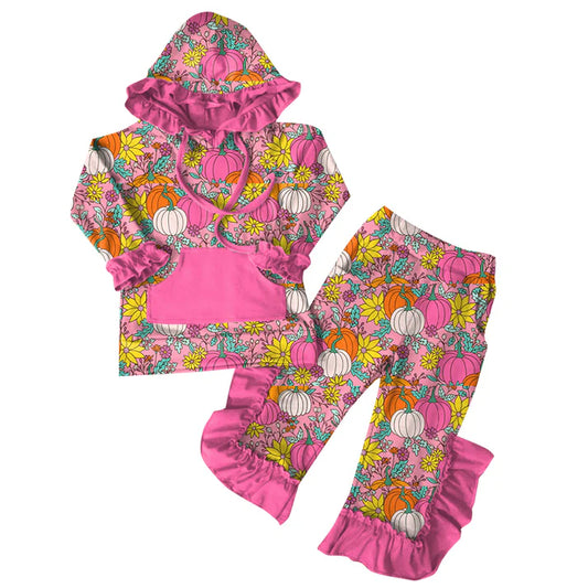 Preorder (moq 5)Baby Girls Fall Pink Flowers Pumpkins Hoodies Top Ruffle Pant Sets 6.7