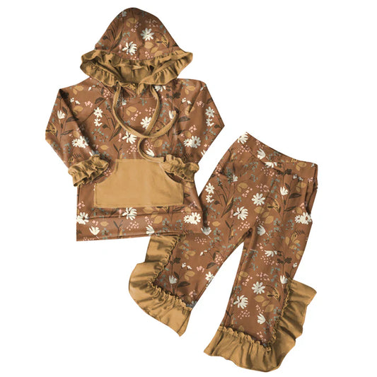 Preorder (moq 5)Baby Girls Mustard Flowers Hoodies Top Ruffle Pant Sets 6.7
