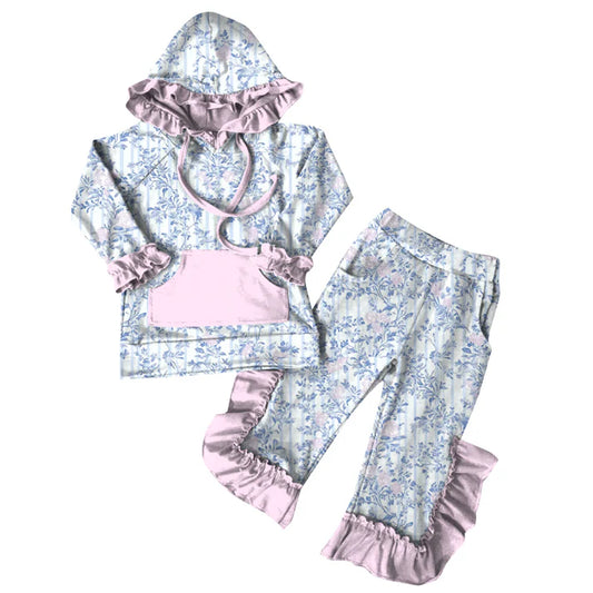 Preorder (moq 5)Baby Girls Blue Pink Flowers Hoodies Top Ruffle Pant Sets 6.7