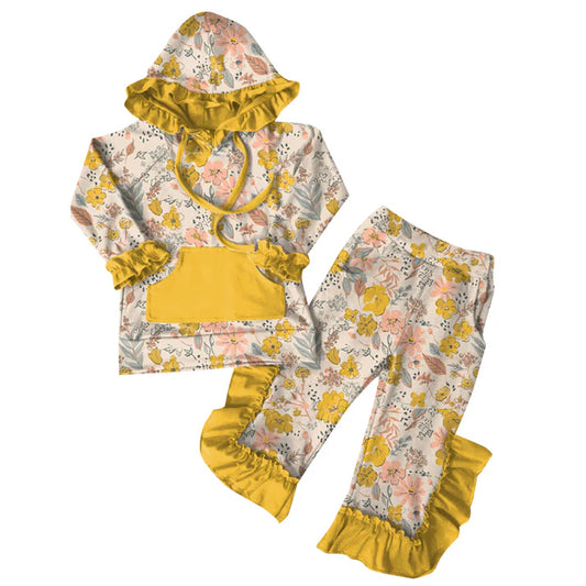 Preorder (moq 5)Baby Girls Yellow Pink Flowers Hoodies Top Ruffle Pant Sets 6.7