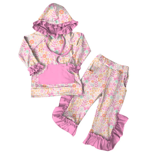 Preorder (moq 5)Baby Girls Pink Flowers Hoodies Top Ruffle Pant Sets 6.7