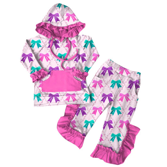 Preorder (moq 5)Baby Girls Pink Bows Hoodies Top Ruffle Pant Sets 6.7