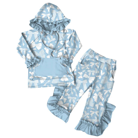 Preorder (moq 5)Baby Girls Blue Bows Hoodies Top Ruffle Pant Sets 6.7