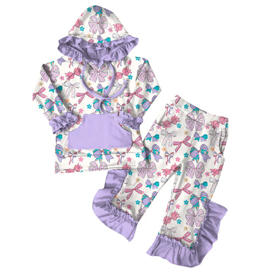 Preorder (moq 5)Baby Girls Purple Bows Hoodies Top Ruffle Pant Sets 6.7