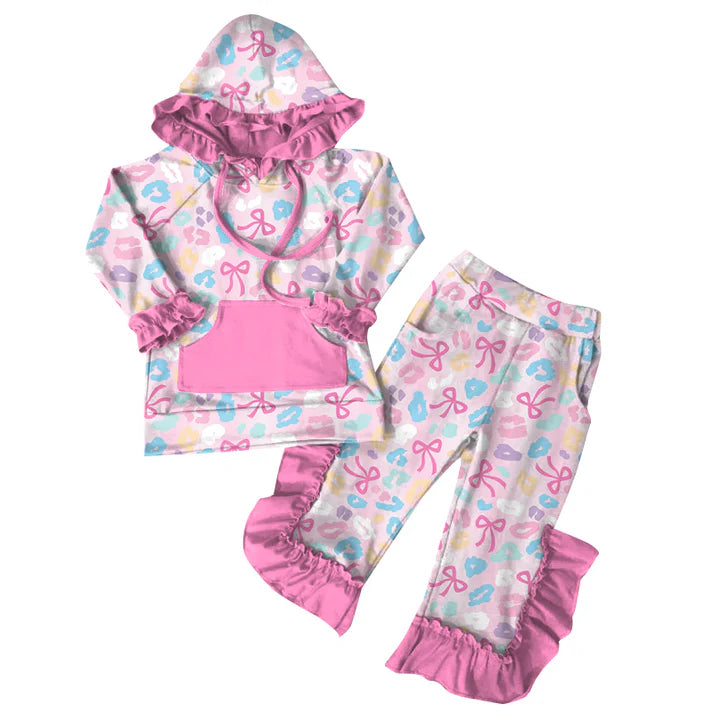 Preorder (moq 5)Baby Girls Pink Bows Leopard Hoodies Top Ruffle Pant Sets 6.7