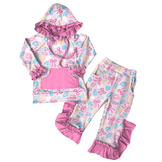 Preorder (moq 5)Baby Girls Pink Bows Leopard Hoodies Top Ruffle Pant Sets 6.7