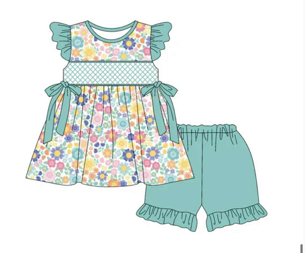 Preorder (moq 5)Baby Girls Flowers Short Sleeve Shorts Clothes Sets