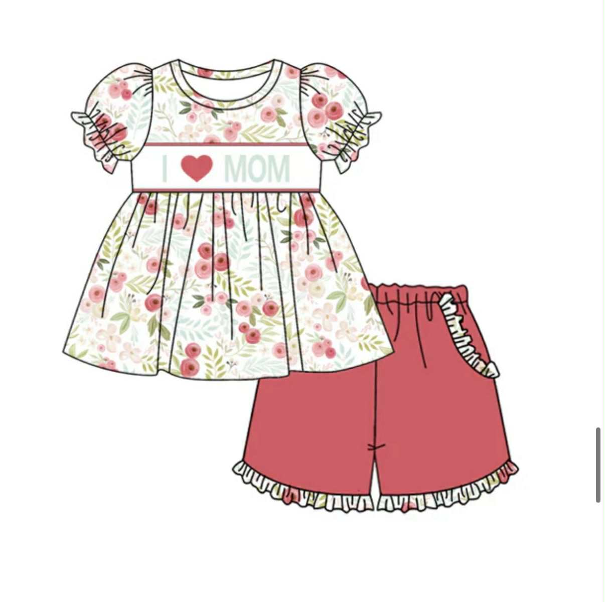 Preorder (moq 5)Baby Girls Clothes I Love Mom Short Sleeve Tunic Tops Shorts Clothes Sets