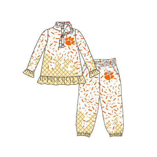 preorder(moq 5) Baby girls Orange Paw Team long Sleeve Tee Shirt pants Clothes Sets 6.12