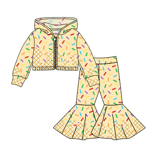 Preorder (moq 5)Baby Girls Yellow Long Sleeves Drip Zipper Jacket Top Bell Bottom Pant Team Clothes Sets 8.5