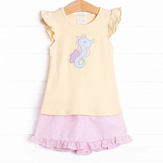 Preorder moq 5 Baby Girls Peach Flutter Sleeves Sea Horse Tunic Pink Ruffle Short Set 4.30