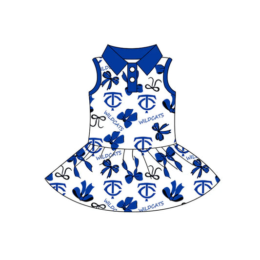 Preorder (moq 5)Baby Girls Sleeveless Blue Bows TC Button Team Knee Length Dresses 8.11