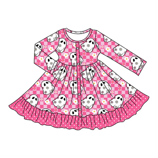 Preorder moq 5 Baby Girls Pink Plaid Long Sleeves Ghosts Button Ruffle Knee Length Dresses 5.7