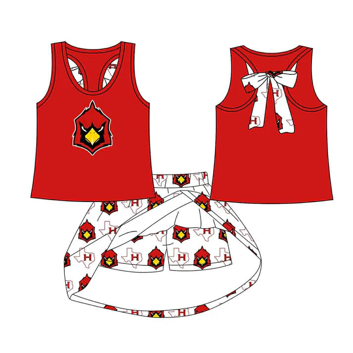 Preorder (moq 5)Baby Girls Red Bird bow vest team Top Skirt Skort Sets 8.13