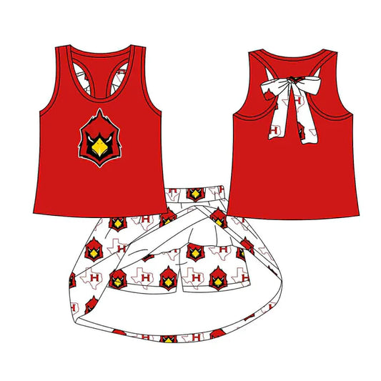 Preorder (moq 5)Baby Girls Red Bird bow vest team Top Skirt Skort Sets 8.13