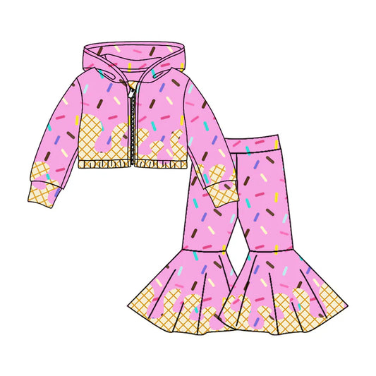 Preorder (moq 5)Baby Girls Pink Long Sleeves Drip Zipper Jacket Top Bell Bottom Pant Team Clothes Sets 8.5