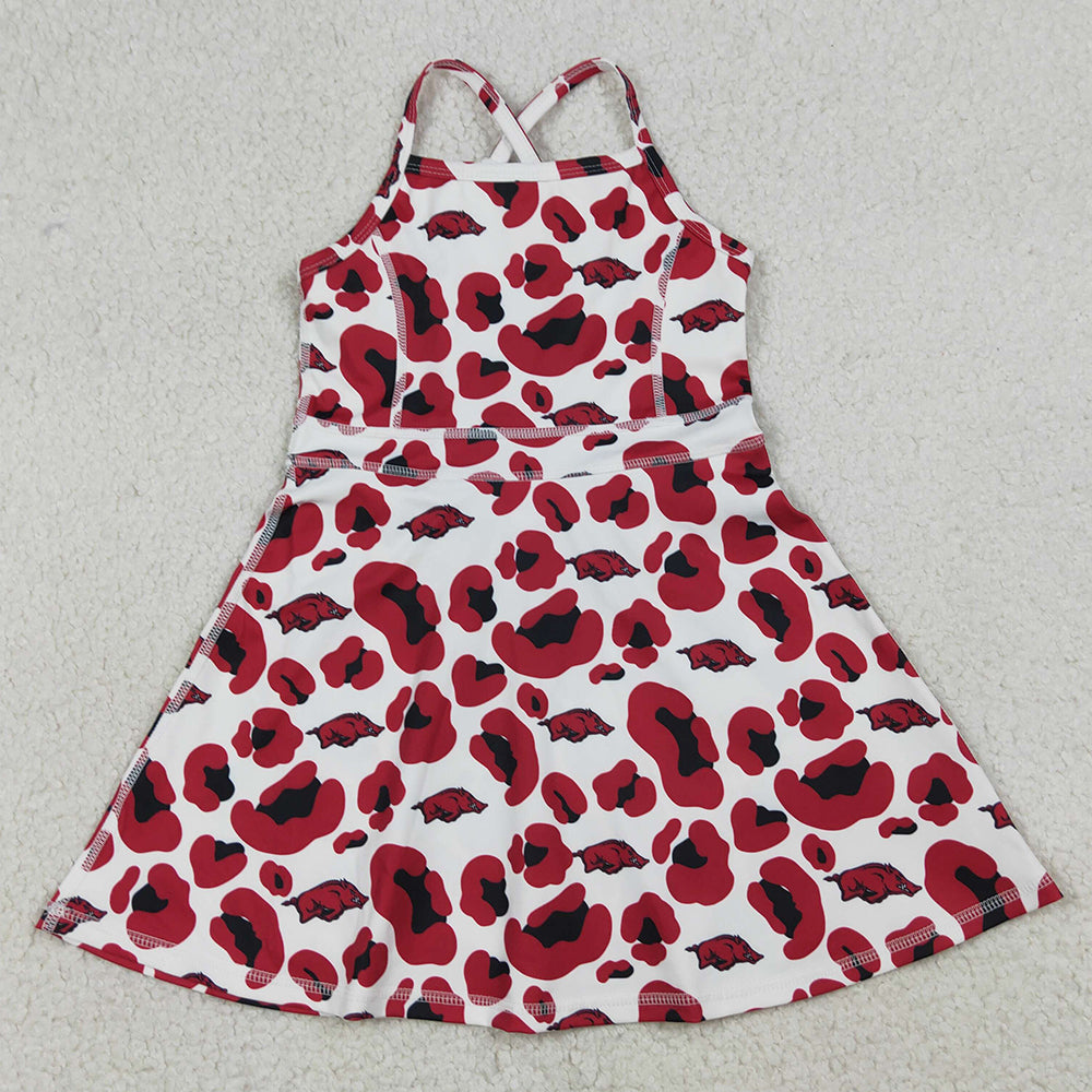 Baby Girls Dress Strap Leopard Arkansas Team Yoga Active Shorts Knee Length Dress GSD3636