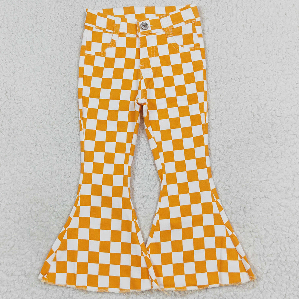 Baby Girls Jeans Orange Checkered Bell Flare Denim Pants P0468