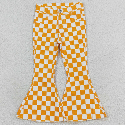 Baby Girls Jeans Orange Checkered Bell Flare Denim Pants P0468