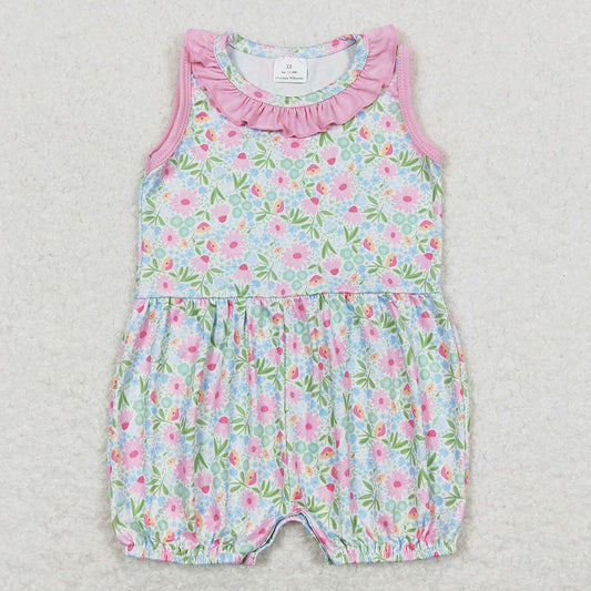 Baby Girls Romper Pink Flowers Ruffle Sleeveless Rompers SR1262