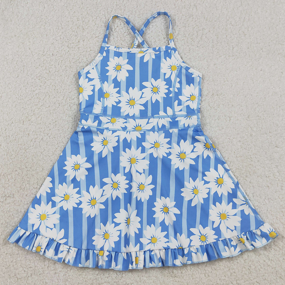 Baby Girls Dress Blue Strap Stripe Floral Yoga Ruffle Knee Length Dresses GSD2283