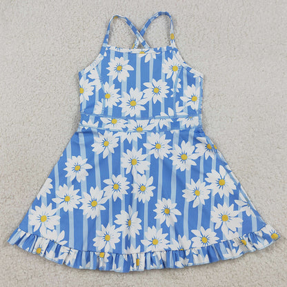 Baby Girls Dress Blue Strap Stripe Floral Yoga Ruffle Knee Length Dresses GSD2283