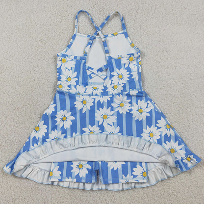 Baby Girls Dress Blue Strap Stripe Floral Yoga Ruffle Knee Length Dresses GSD2283