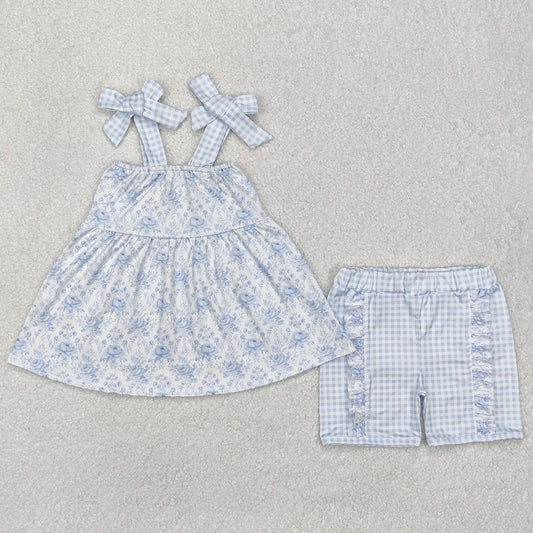 Baby Girls Clothes Blue Flowers Straps Tunic Top Ruffle Shorts Sets GSSO1716