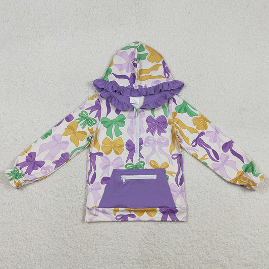 Baby Girls Clothes Mardi Gras Bows Pocket Zipper Ruffle Hoodies Top GT1222 11.21