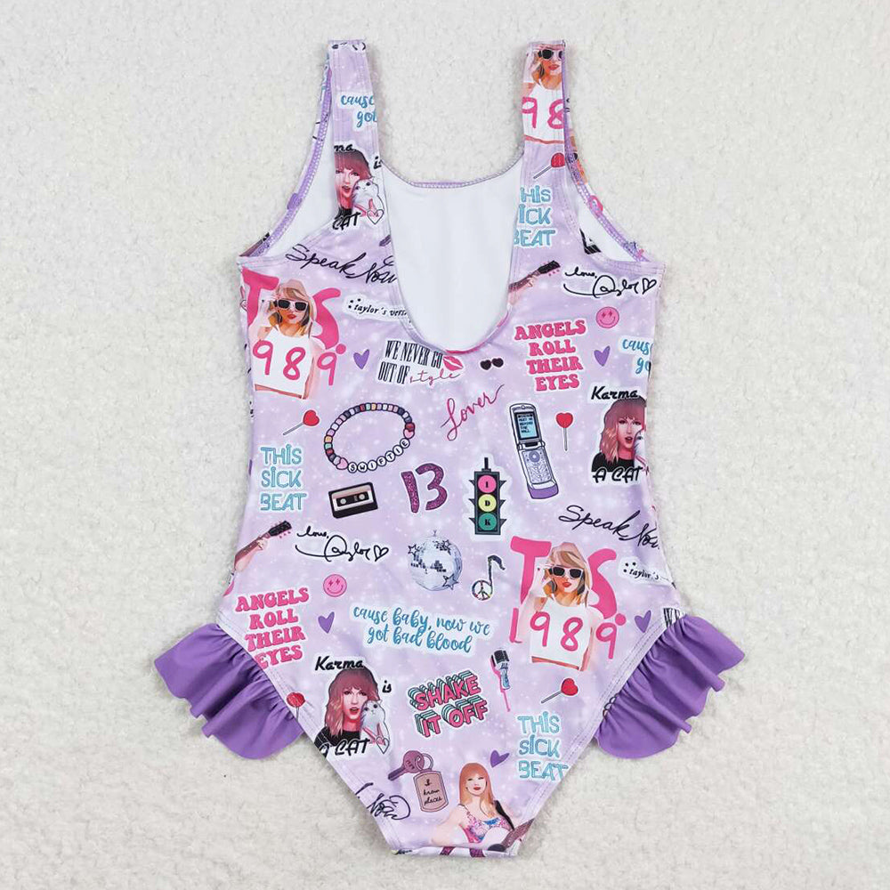 Baby Girls Swimsuits Purple Sleeveless Ruffle One Piece Swimsuits S0388