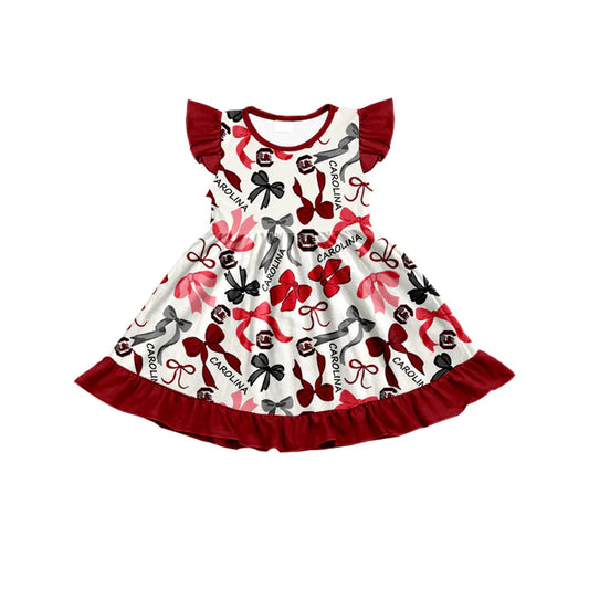 Preorder (moq 5)  flutter sleeves maroon bows girls team dress 8.26