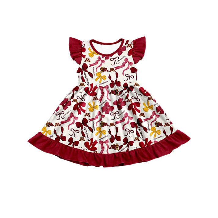 Preorder (moq 5) flutter sleeves M maroon bows girls team dress 8.22