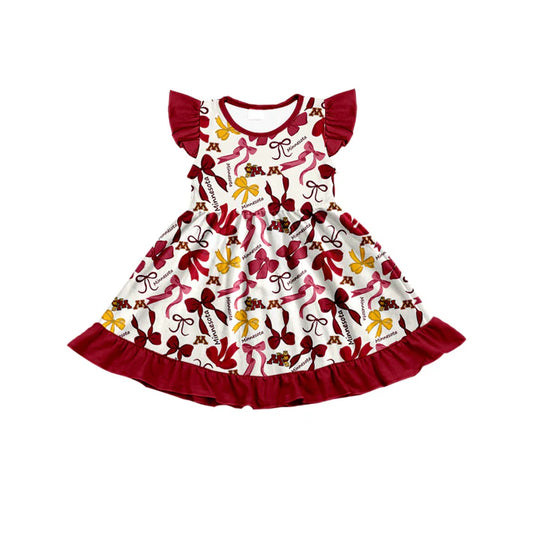 Preorder (moq 5) flutter sleeves M maroon bows girls team dress 8.22