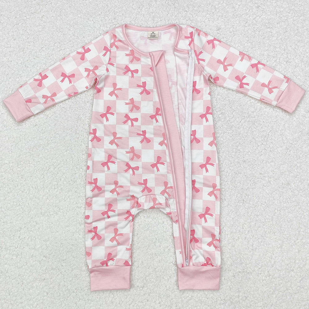 Baby Infant Girls Rompers Pink Checkered Bows Bamboo Zip Rompers LR1607