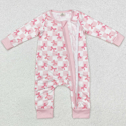 Baby Infant Girls Rompers Pink Checkered Bows Bamboo Zip Rompers LR1607