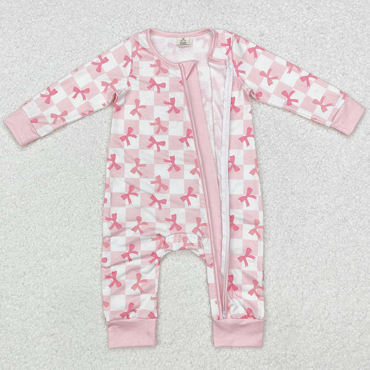 Baby Infant Girls Rompers Pink Checkered Bows Bamboo Zip Rompers LR1607