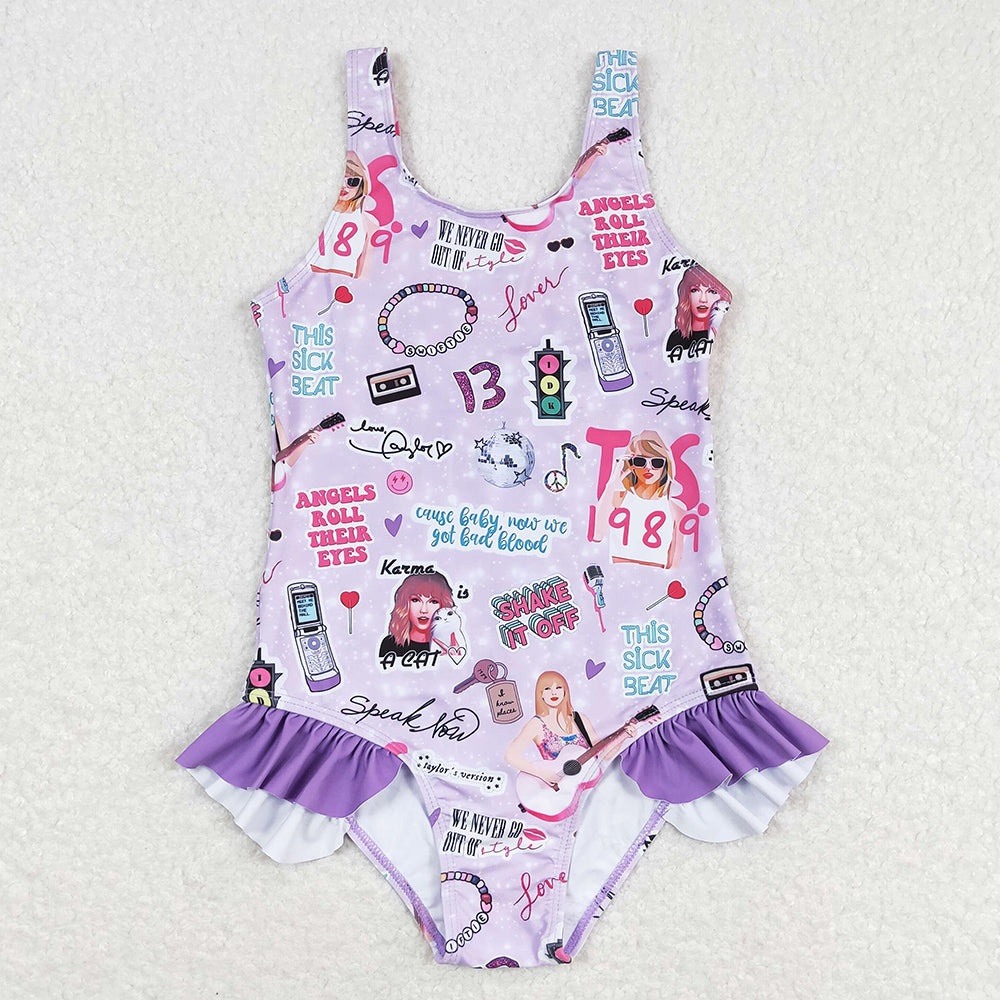 Baby Girls Swimsuits Purple Sleeveless Ruffle One Piece Swimsuits S0388