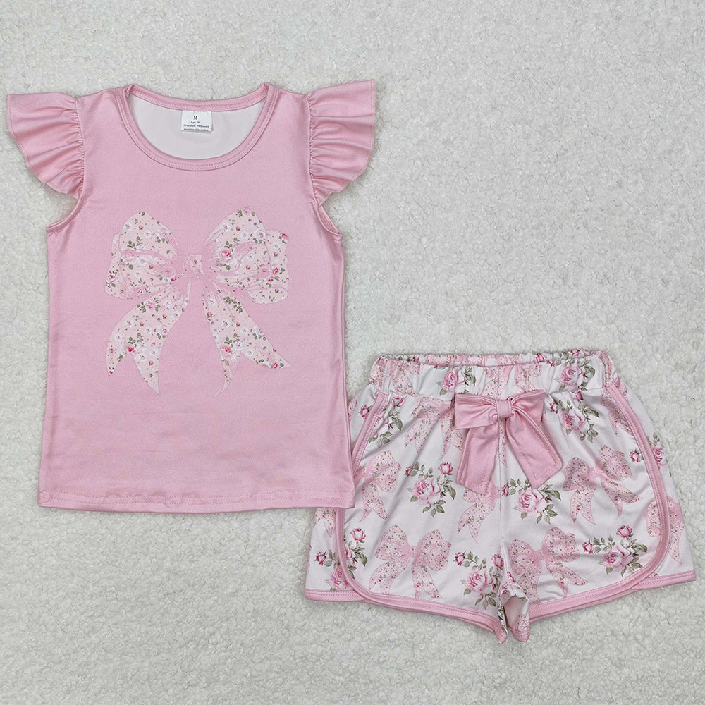 Baby Girls Clothes Pink Flowers Big Bow Shirt Shorts Clothes Sets GSSO1702