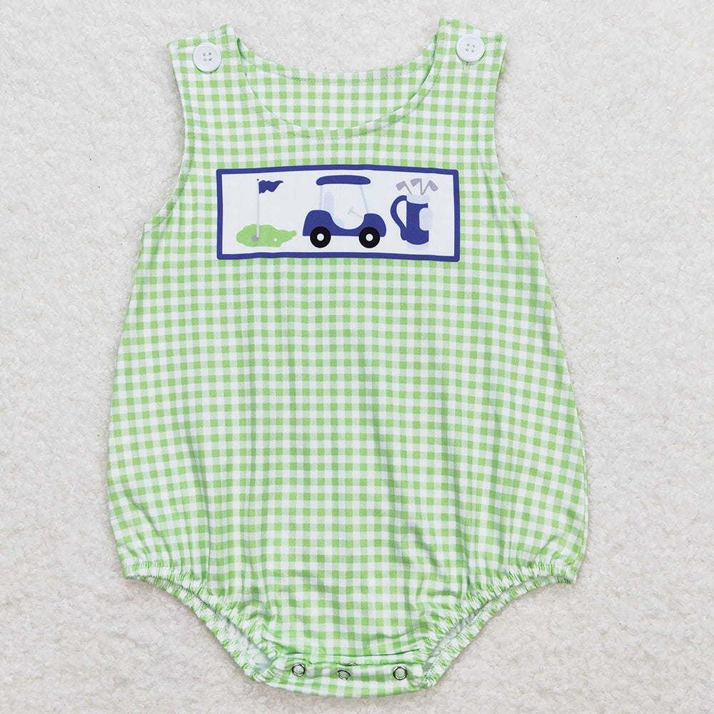 Baby Infant Boys Romper Golf Hole In One Green Checkered Sleeveless Rompers SR1227