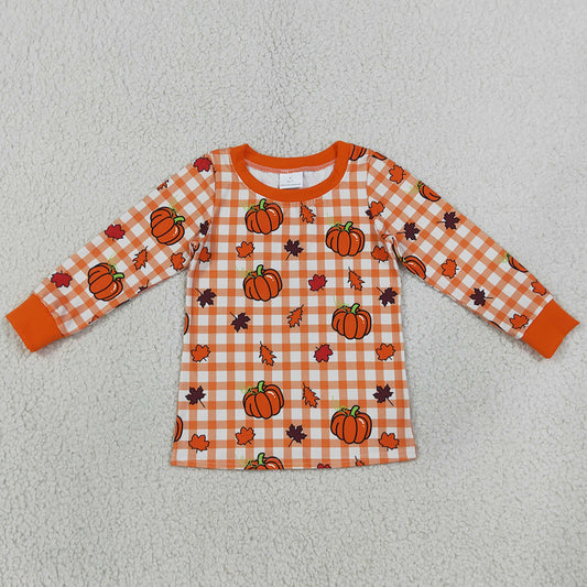 Baby Boys Clothes Long Sleeve Leaves Pumpkins Checked Fall T-shirts Top BT1929