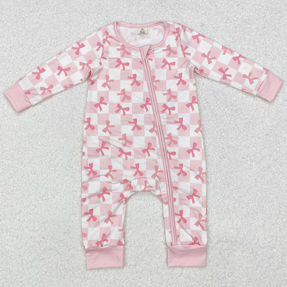 Baby Infant Girls Rompers Pink Checkered Bows Bamboo Zip Rompers LR1607