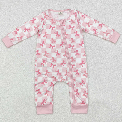 Baby Infant Girls Rompers Pink Checkered Bows Bamboo Zip Rompers LR1607