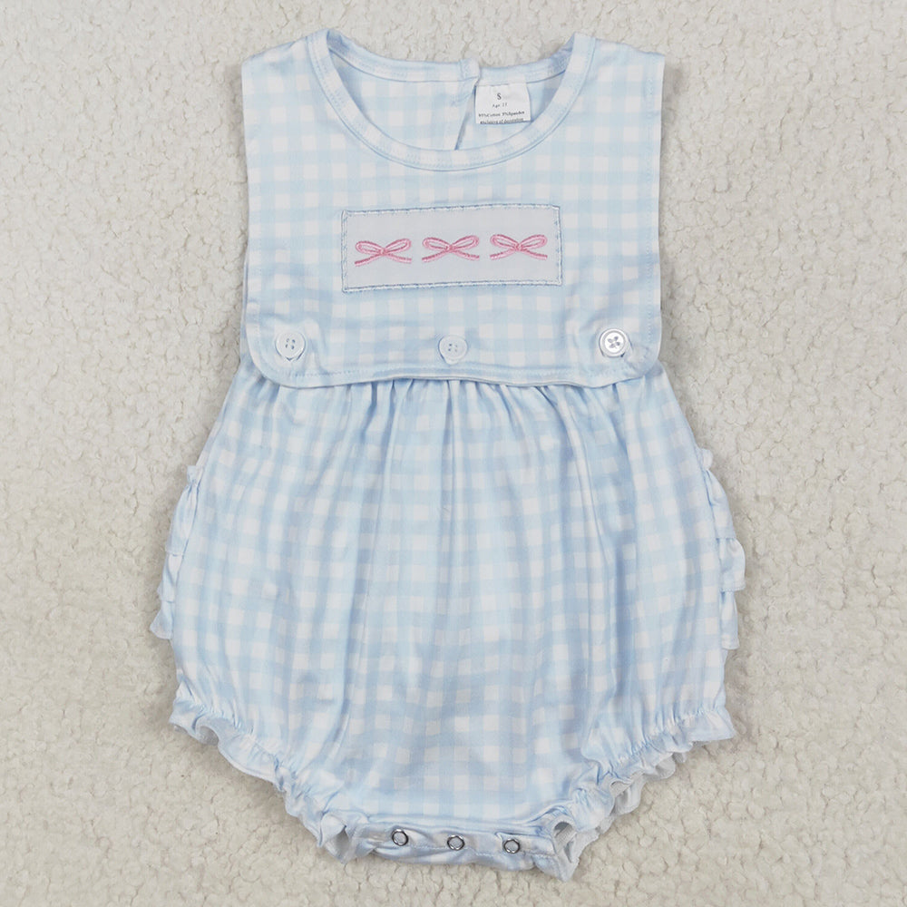 Baby Infant Girls Rompers Blue Checkered Bows Sleeveless Rompers SR2203