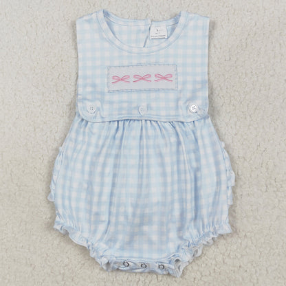 Baby Infant Girls Rompers Blue Checkered Bows Sleeveless Rompers SR2203
